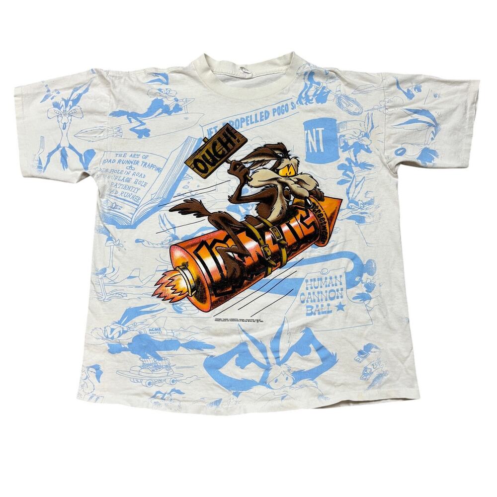 Rare Vintage 90s Looney Tunes Wile E Coyote Human Cannon AOP Shirt Men's XL